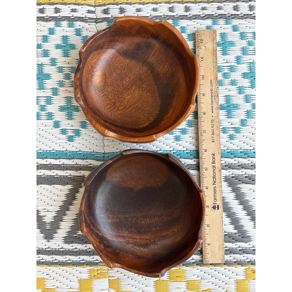 Vintage Hand Crafted Monkey Pod Wood Scalloped Bowls Set of 2 Philippines 6 Inch